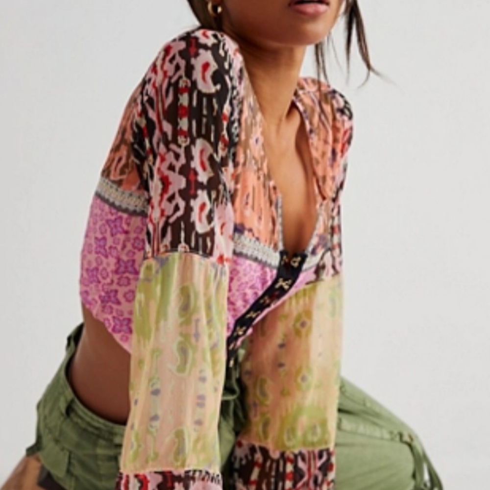 Free People Patchwork Cropped Blouse - image 1